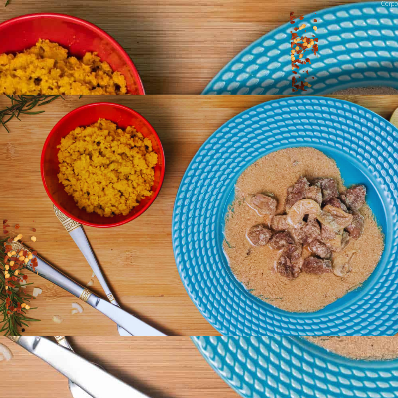 Strogonoff de patinho e arroz de couve flor com açafrão