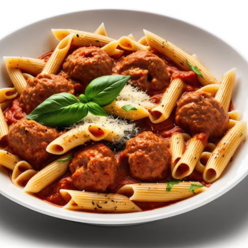 Macarrão penne sem glúten com almôndegas de patinho e molho pomodoro artesanal - 340g