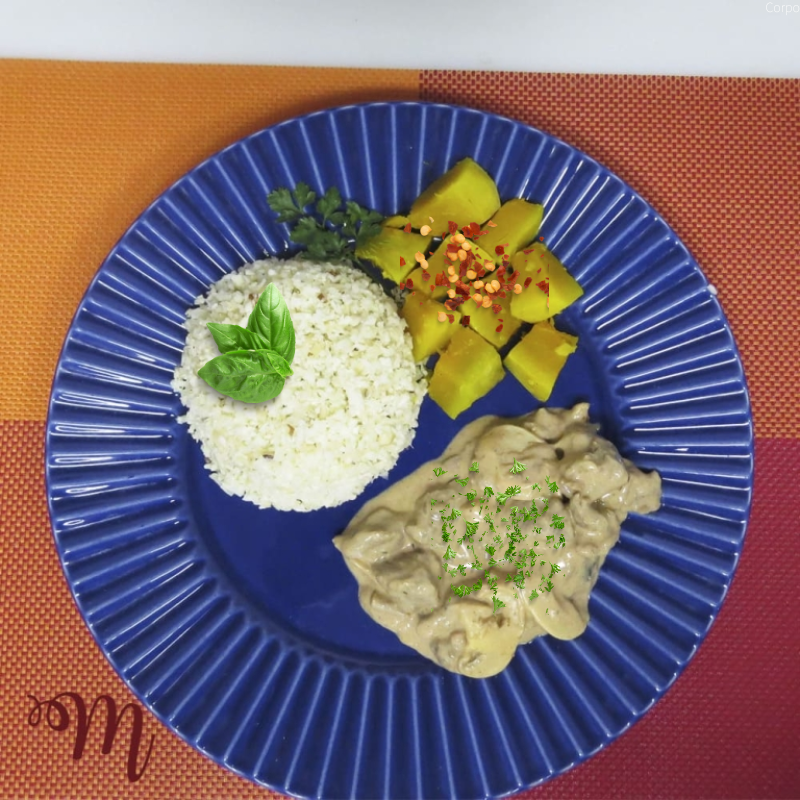 Strogonoff de patinho , arroz de couve flor  e abóbora em pedaços