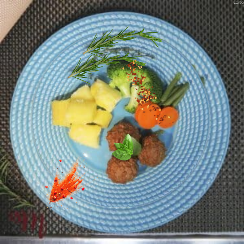Almôndegas de patinho com mandioca e legumes