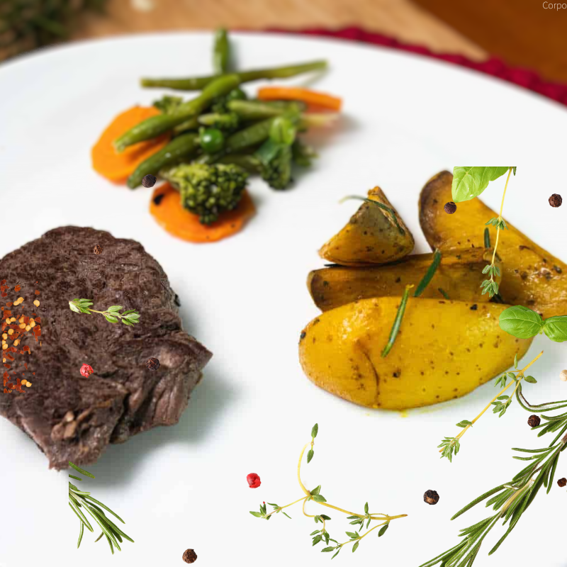 Medalhão de filé mignon, batata rústica com alecrim e legumes salteados na manteiga ghee