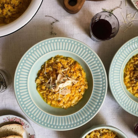 Risoto de couve flor, bacon, abobrinha e açafrão
